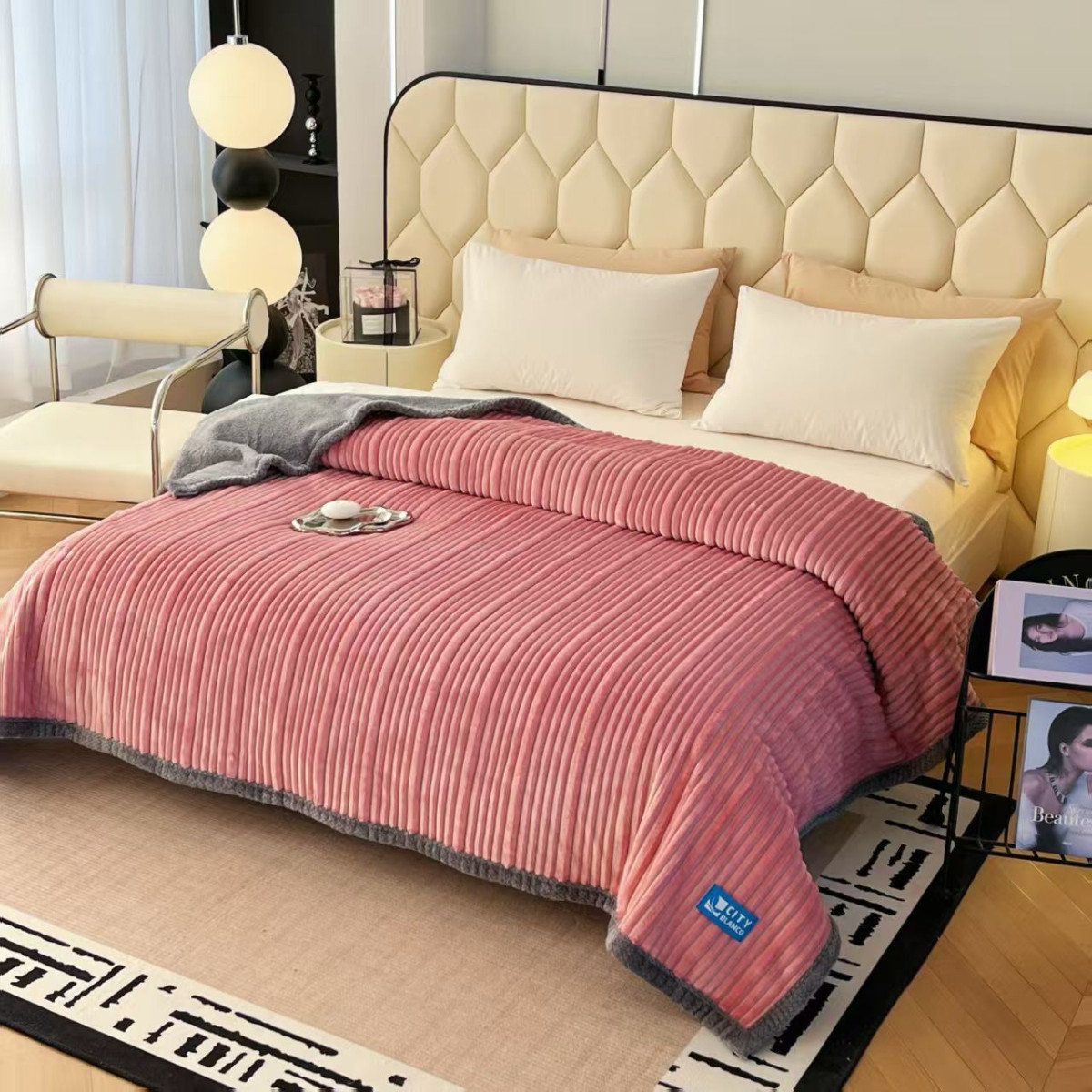 Frazada Rayada Flannel Con Interior De Corderito - Twin Size - Imagen 2